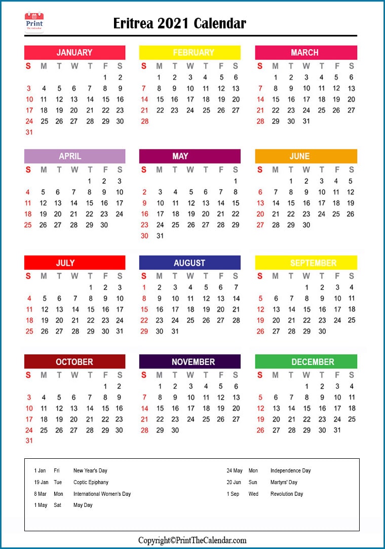 Eritrea Printable Calendar 2021